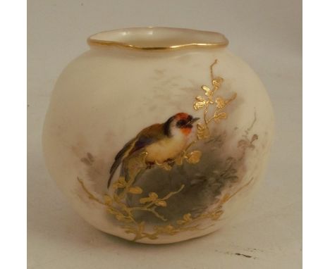 A Graingers &amp; Co Worcester squat vase, the wrythen moulded body decorated with a bird on a gilt branch, shape number G161