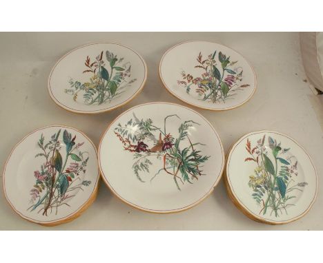 A 19th century Copeland part dessert service, comprising three comports and eight plates, all printed with flowers and insect