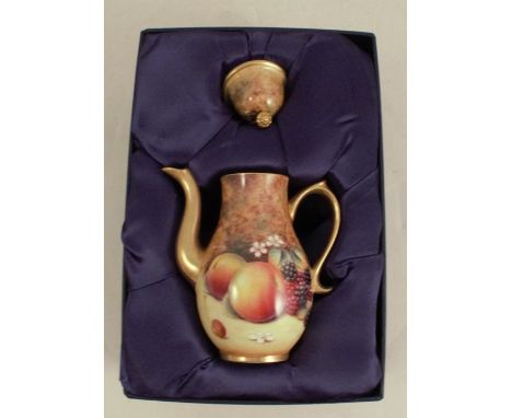 A Royal Worcester miniature coffee pot, decorated with fruit to a mossy background by Bowman, boxedCondition Report:  Good co