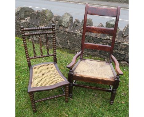 A bobbin turned cane seated chair, together with a north country single chair