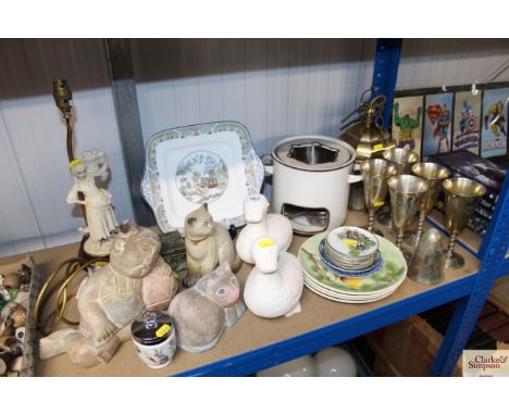 A quantity of silver plated tankards, a hanging brass and glass light fitting, various ornaments, a stone box etc