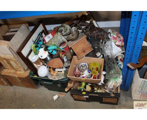 Three boxes containing various sundry glass and china, a vintage coffee grinder etc