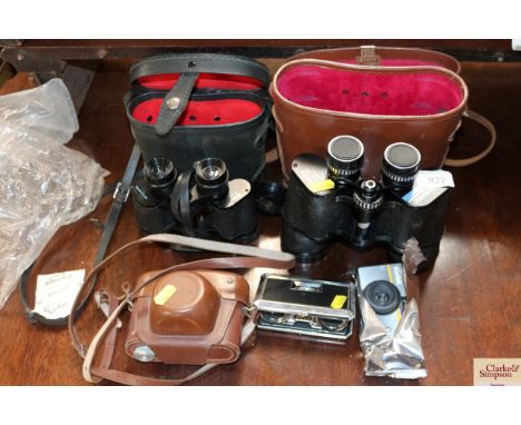 Two pairs of binoculars with fitted case, an Halina camera etc