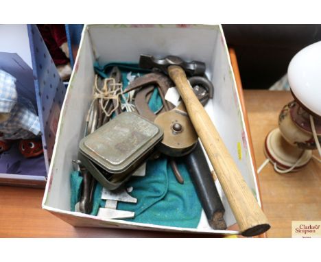 A box of various hand tools to include a Ansell Walsall military mark pulley, various pliers and military mark tools