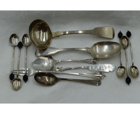 A selection of silver cutlery including Georgian sauce ladle, London 1829, Hester Bateman, Victorian dessert spoon, Exeter 18