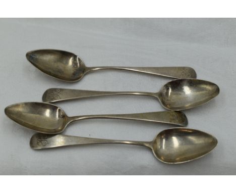 Four Georgian silver tea spoons of plain Old English form bearing monogram R to terminals, Exeter 1813, William Welch II