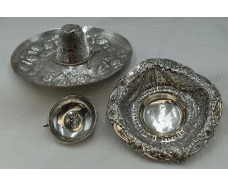 A Mexican silver trinket modelled as a Sombrero, an HM silver trinket dish having extensive pierced decoration and a small wh