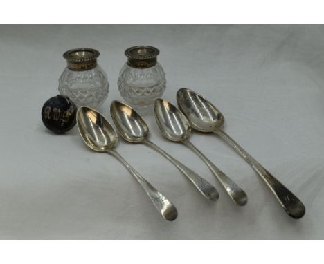 A pair of cut glass inkwells having HM silver tops, (no stand), a small HM silver patch box and four Georgian silver spoons, 