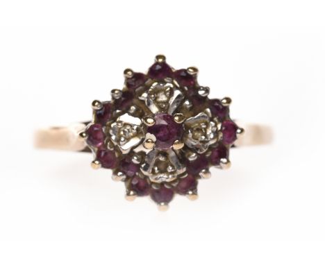 NINE CARAT GOLD RUBY AND DIAMOND DRESS RING1970s, set with round diamonds and rubies, size R, 2.9g