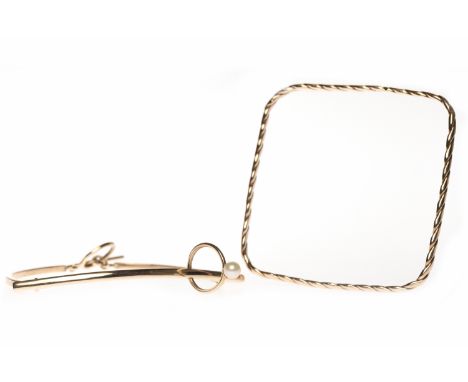 NINE CARAT GOLD BRACELETformed by three linked curved sections of gold, set with a single pearl, 12.2g; along with a nine car