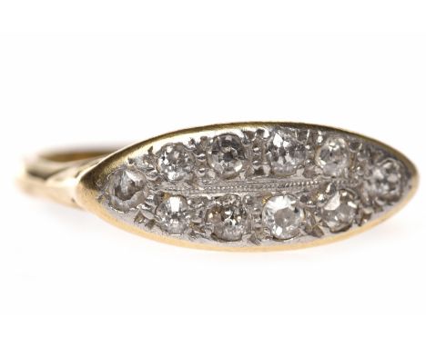 EARLY TWENTIETH CENTURY VICTORIAN STYLE DIAMOND RINGthe elliptical bezel set with old round cut diamonds in platinum, engrave