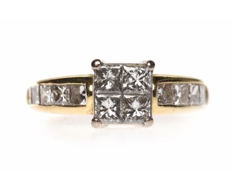 DIAMOND DRESS RINGthe square bezel set with four princess cut diamonds totalling approximately 0.60 carats, on channel set pr