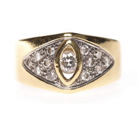 EIGHTEEN CARAT GOLD DIAMOND DRESS RINGthe broad band with central navette shaped open section set with a single round diamond
