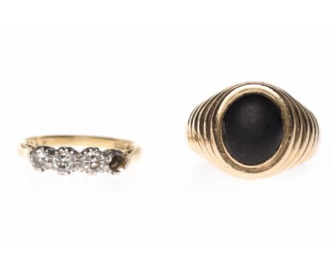 GENTLEMANS STONE SET SIGNET RINGthe oval shaped black stone of cabochon form on step effect shoulders, in fourteen carat gold