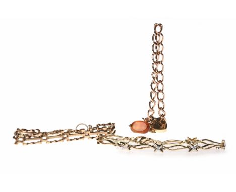THREE NINE CARAT GOLD BRACELETScomprising a rose gold curb link example with carnelian fob, 10.6g; a twisted gate link exampl