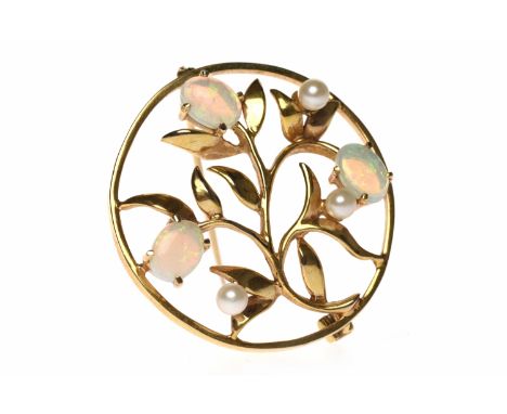 OPAL AND PEARL BROOCHof circular openwork form, with floral and foliate motifs, the flowers formed by oval opals and round wh