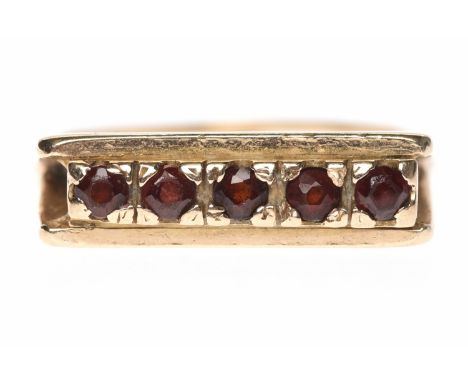 NINE CARAT GOLD RUBY DRESS RINGthe rectangular bezel set with five round rubies, size R, 5.3g 