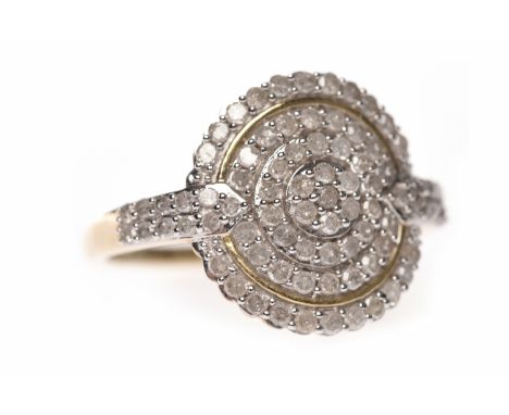 NINE CARAT GOLD DIAMOND DRESS RINGthe large circular bezel set with a central cluster of round stones within three round diam