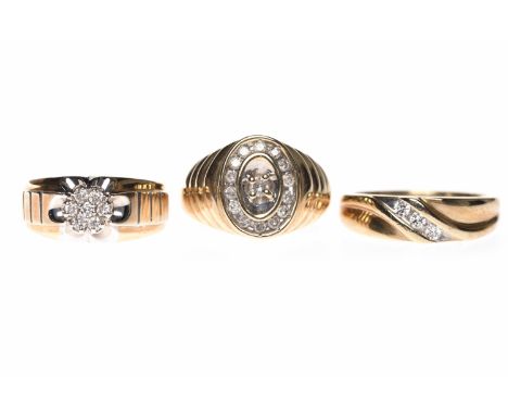 THREE GENTLEMAN'S RINGScomprising a ten carat gold example with an oval diamond set bezel, size R, 5.6g; a ten carat gold exa