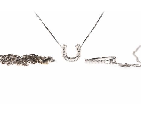 EIGHTEEN CARAT WHITE GOLD DIAMOND SET PENDANTof oval form, 1.8g, on a nine carat white gold chain, 2.6g; along with an unmark