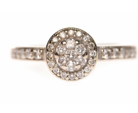 EIGHTEEN CARAT GOLD DIAMOND DRESS RINGthe round bezel set with round diamonds in a daisy cluster and surrounded by further ro