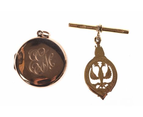 EARLY TWENTIETH CENTURY NINE CARAT GOLD LOCKETof circular form, 29mm diameter, 5.3g; along with an adapted fob appendage form
