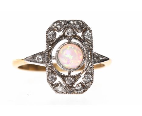 ART DECO STYLE OPAL AND GEM SET RINGthe pierced plaque bezel set with a central round opal 5mm diameter and round white gems,