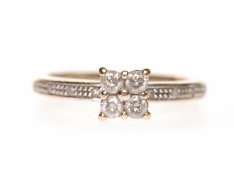 NINE CARAT GOLD DIAMOND DRESS RINGthe square bezel set with four round diamonds and on diamond shoulders, size J-K, 1.9g