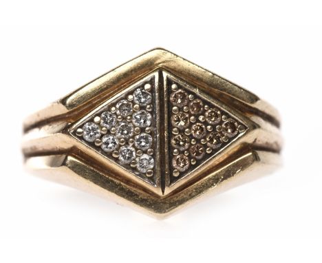 GENTLEMAN'S NINE CARAT GOLD BI COLOUR DIAMOND DRESS RINGthe rhombic bezel with a triangular section of pave set round white d