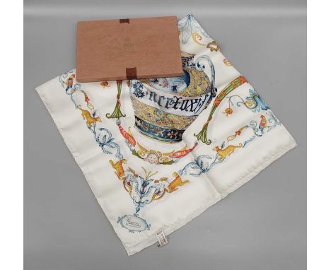 Gucci Silk Scarf, White Ground Printed with Vases, and a scrolling border with animals and cherubs, in original card box, 88c