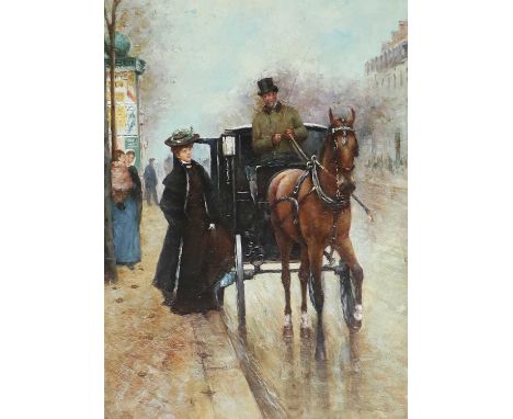 French School Style (20th/21st century)Street scene with lady boarding a horse and carriageunsigned, oil on panel, 39cm by 29
