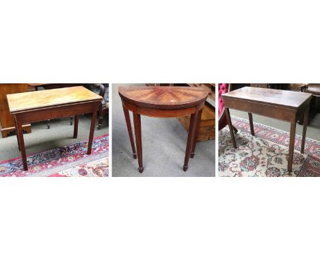 A George III Mahogany Fold-Over Tea Table, of rectangular form, on square chamfered legs, 86cm by 42cm by 72cm; together with