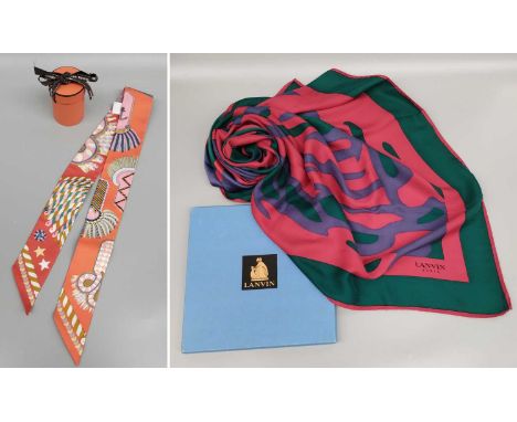 Lanvin Silk Scarf in red, green and blue depicting two stylised birds within a red trim, on figured silk self woven with bird
