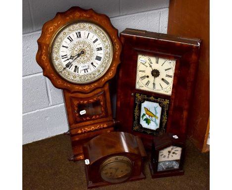 An Inlaid Drop-Dial Wall Clock, circa 1890, an American mahogany shelf clock and two mantel clocks (4)