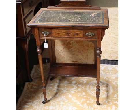 An Edwardian Rosewood and Marquetry Lady's Writing Desk, tooled leather inset writing surface, integral firescreen, single dr