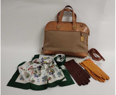 Dooney &amp; Bourke Tan Leather and Canvas Bag, with gilt tone hardware, two handles and a detachable shoulder strap, zip fas