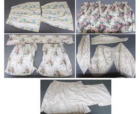 Assorted Printed Lined and Interlined Curtains Comprising; cream damask pelmets, pair of Colefax &amp; Fowler, Gallica curtai