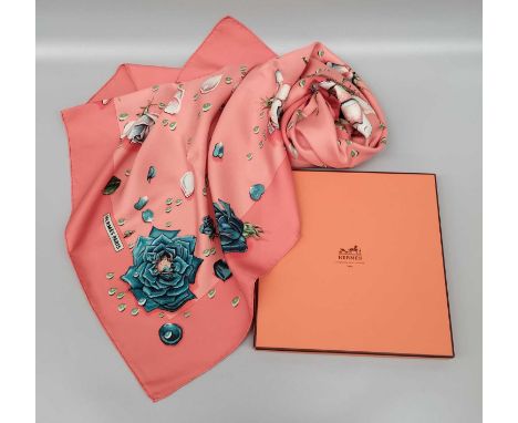 Hermès Silk Scarf La Rosee Designed by Anne Gavarni, depicting rose heads on a coral ground within a darker coral border, 90c
