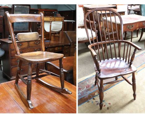A Reproduction Stick-Back Windsor Style Armchair, elm seat, turnede arm supports, legs and stretcher; together with a 19th ce