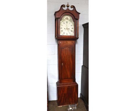 A Mahogany Eight Day Longcase Clock, early 19th century, 12" arch painted dial, unsigned, 221cm highWith pendulum and two wei
