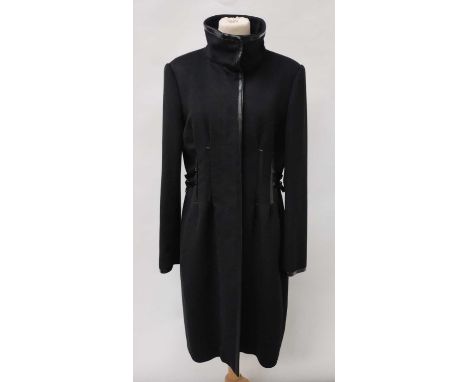 Sportmax Black Wool Coat with funnel neck, long sleeves, black leather trims to the buttoned opening, leather and buckle deta