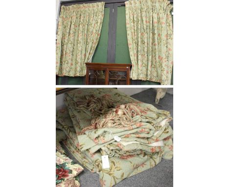 Three Pairs of Green Lined and Interlined Curtains, with pink, blue and green floral and leaf pattern, 250cm wide by 200cm dr