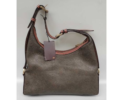 Green Scotch Grain Mulberry Madison Shoulder Bag, with dark tan leather mounts and buckled shoulder strap, gilt-tone hardware