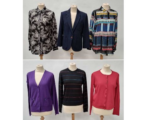 Assorted Ladies Modern Paul Smith Clothing, comprising a black wool blend crew neck jumper striped with blue, green, red and 