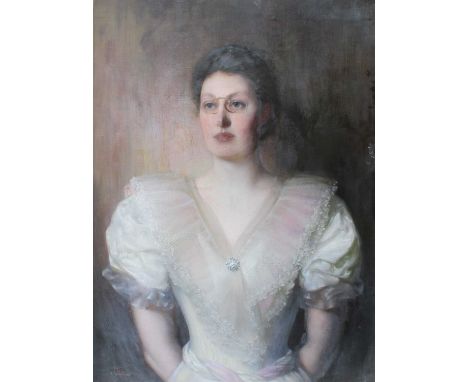 J* Jee (late 19th/early 20th century)Bust-length portrait of a lady with pince-nez in white silk and lace dressSigned (lower-