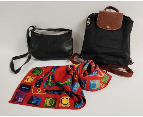Gucci Silk Scarf printed with snaffle bits, stirrups within a chain link, leather and buckle link and Gucci lettered border, 