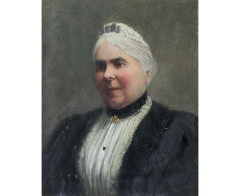 John B. Gibbs (19th century)Bust-length portrait of an elderly lady with grey hair in white silk shirt with lace trimmed velv