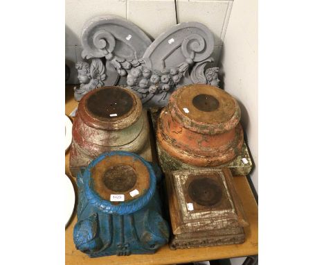 Four Architectural Carved Polychrome Pricket Candle Stands, of column base form, together with a pair of carved scrollwork pe