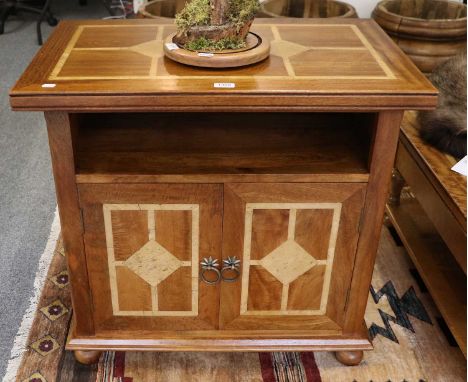 A Barker and Stonehouse Flagstone Hall Cupboard, parquetry top with inset stone, shelf above twin cupboard doors, turned feet