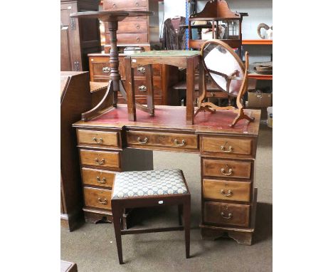 An Inlaid Mahogany Twin Pedestal Desk, 122cm by 65cm by 77cm , together with George III Oak Tripod Occasional Table, ring tur
